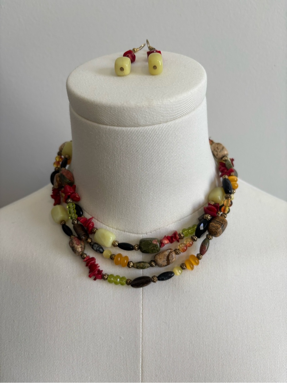 Multi-Color gemstone and glass beaded Necklace with Earrings